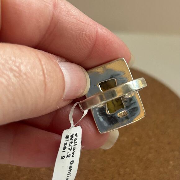 Yellow Honey Dahlia Turquoise 925 Sterling Silver Square Ring Size 9 New - Picture 5 of 8